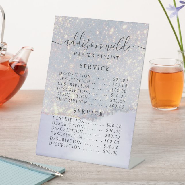 Holographic Purple Glitter Luxury Glam Price List Pedestal Sign (In SItu)