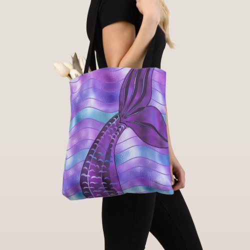 Holographic Purple Mermaid Tail Waves Chic Beach Tote Bag