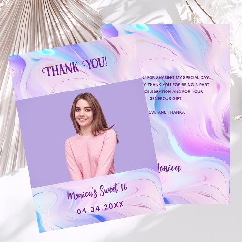 Holographic purple photo Sweet 16 thank you card
