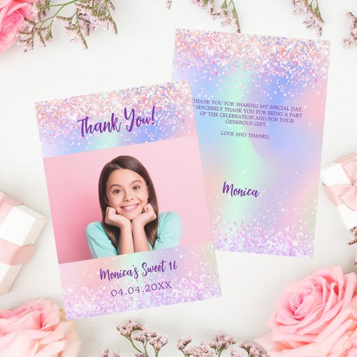 Holographic purple photo Sweet 16 thank you card