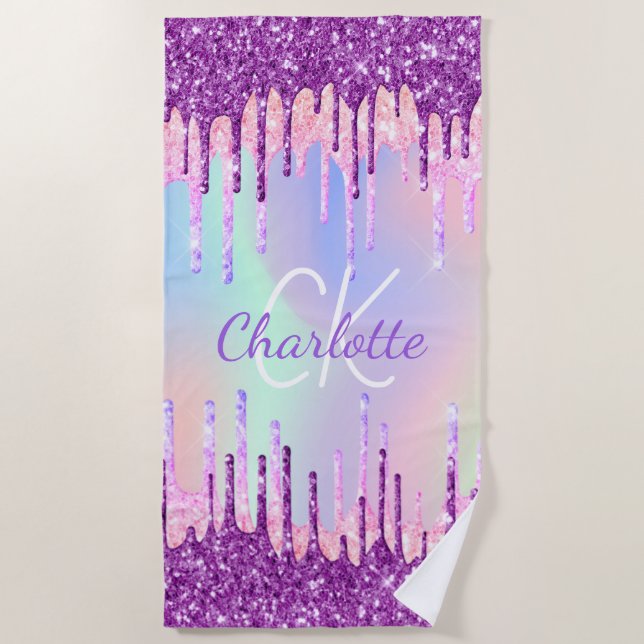 Holographic purple pink drips monogram beach towel (Front)
