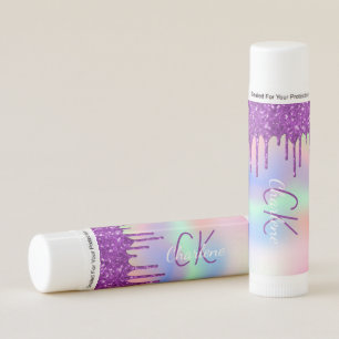 Holographic purple pink monogram baby shower lip balm