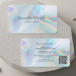 Holographic QR Code Script Hair and Makeup Salon Business Card