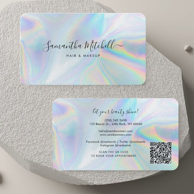 Holographic QR Code Script Hair and Makeup Salon Business Card (Holographic QR Code Script Hair and Makeup Salon Business Card)