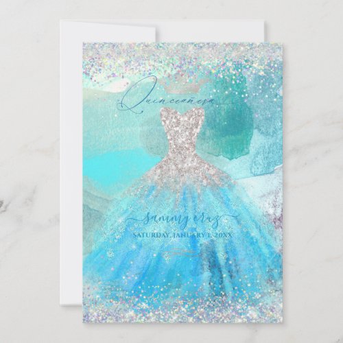 Holographic Quinceanera Aqua Blue Watercolor Gown Invitation