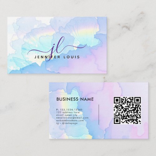 Holographic Rainbiw Watercolor Monogram QR Code Business Card
