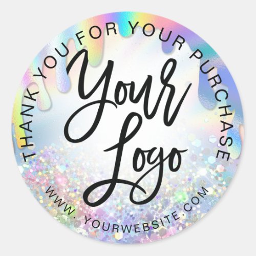 Holographic rainbow add your logo pink thank you classic round sticker