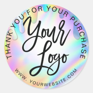 Holographic rainbow add your logo pink thank you classic round sticker