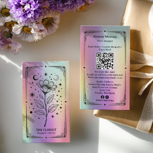 Holographic rainbow Celestial Tarot Florist QR Business Card