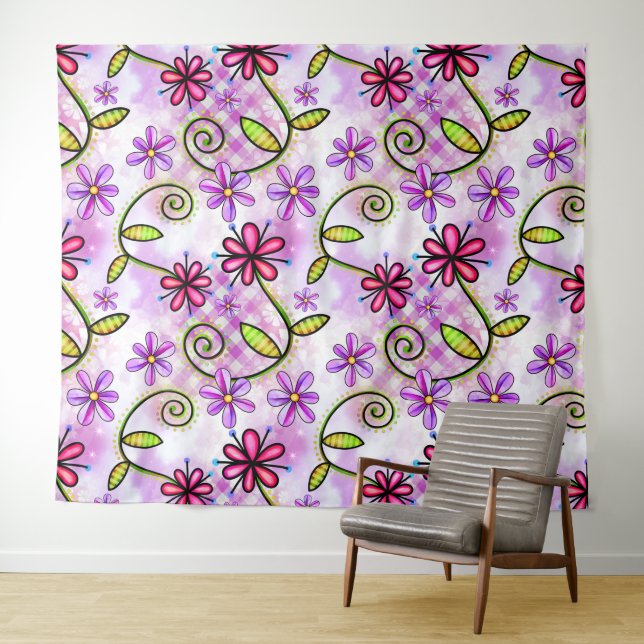 Holographic Rainbow Floral Collage Tapestry (In Situ (Horizontal))