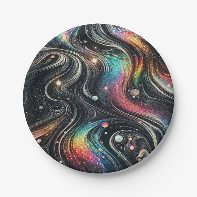 Holographic Rainbow Glitter 70s Galactic Creative  Paper Plates (Front)