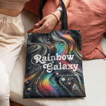 Holographic Rainbow Glitter 70s Galactic Creative  Tote Bag<br><div class="desc">Carry the cosmos with you with our holographic rainbow glitter tote bag, featuring an all-over print that'll have you toting your essentials in stellar style. This bag is a vibrant collage of 70s-inspired psychedelic swirls, cosmic patterns, and twinkling stars, rendered in a spectrum of electrifying colors that come alive on...</div>