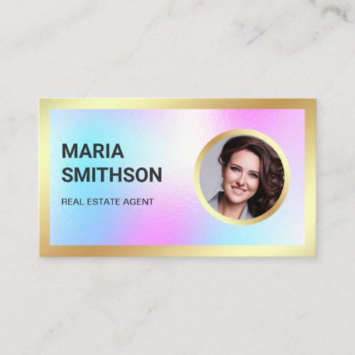 Holographic Rainbow Gold Photo Real Estate Agent Business Card