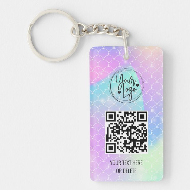 Holographic Rainbow Mermaid QR Code Logo Business Keychain (Front)