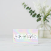 Holographic rainbow script signature girly stylist business card (Standing Front)