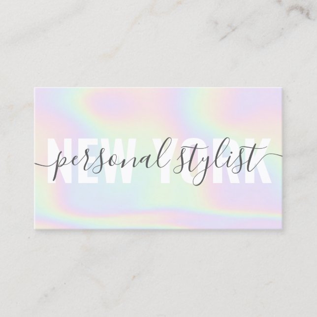 Holographic rainbow script signature girly stylist business card (Front)