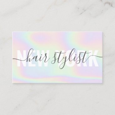 Holographic rainbow script signature hair stylist business card