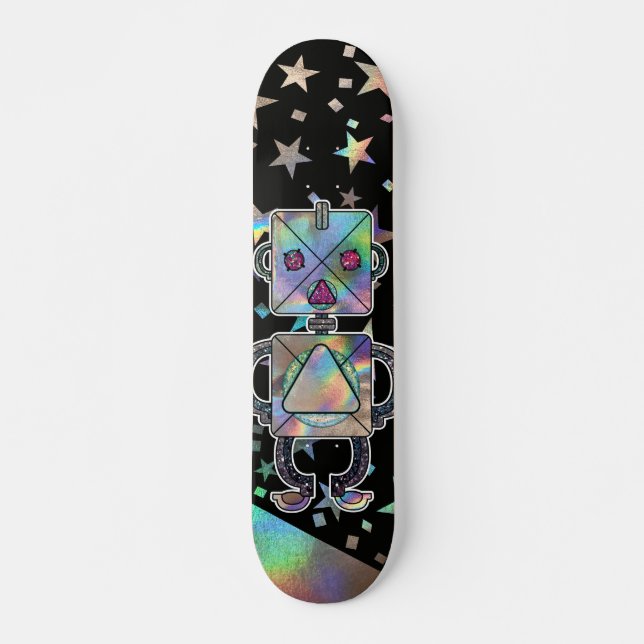 Holographic Rainbow Stars Metallic Glitter Robots  Skateboard (Front)
