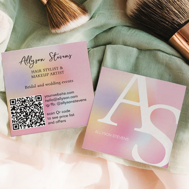 Holographic Rainbow Unicorn Initial Makeup QR Code Square Business Card (Holographic Rainbow Unicorn Initial Makeup QR Code Square Business Card)