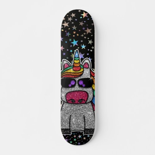Holographic Rainbow Unicorn Sparkly Stars Magical Skateboard
