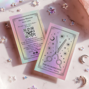 Holographic Retro Celestial Tarot Hairdresser QR Business Card