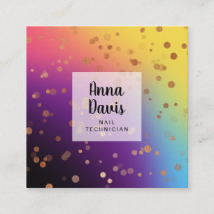 Holographic rose gold confetti nail technician square business card