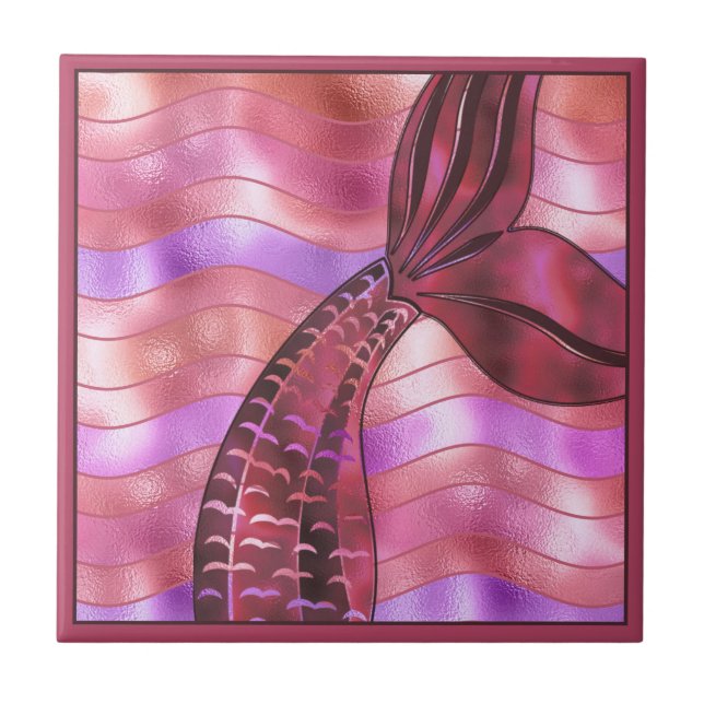 Holographic Rose Gold Copper Mermaid Tail Waves Ceramic Tile (Front)