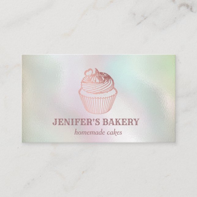 Holographic rose gold cupcake homemade bakery business card (Front)