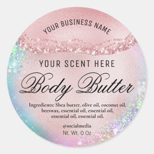 Holographic Rose Gold Pastel Pink Body Butter Classic Round Sticker