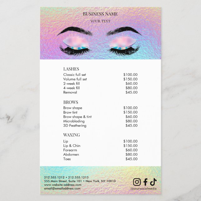 Holographic Salon Price List Menu Flyer (Front)