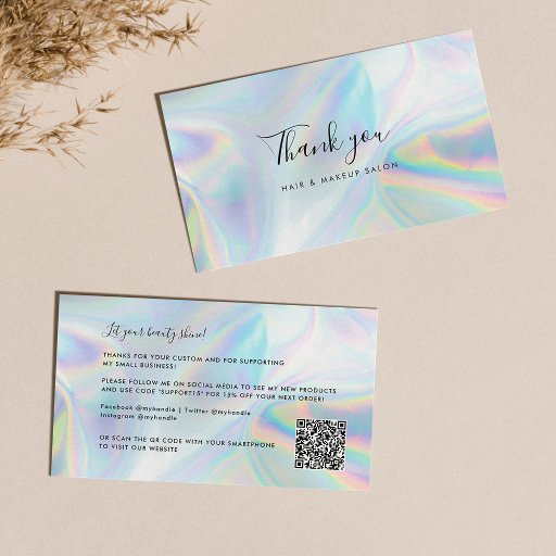 Customizable Holographic Script Beauty Salon QR Code Thank You Business Card