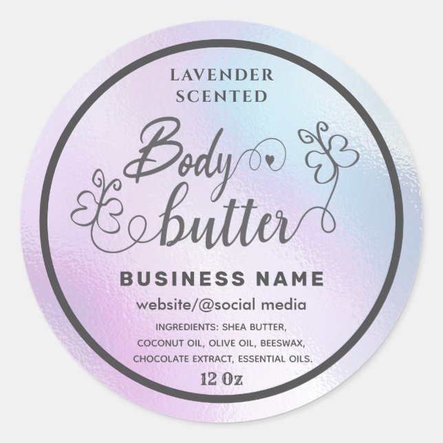 Holographic script butterfly body butter label (Front)
