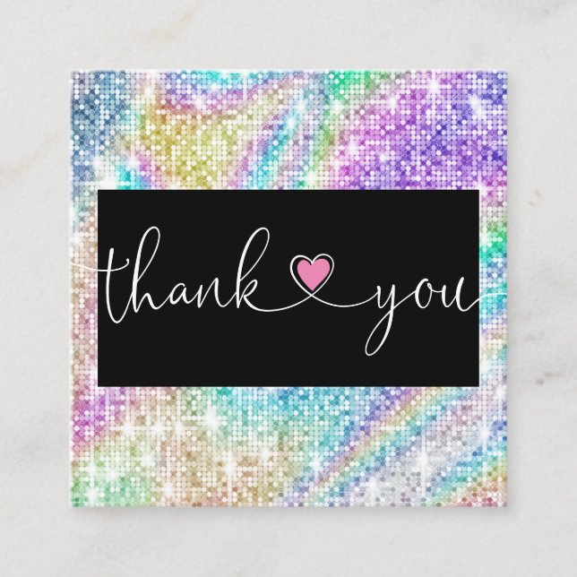 holographic script heart thank you for your order square business card (Front)