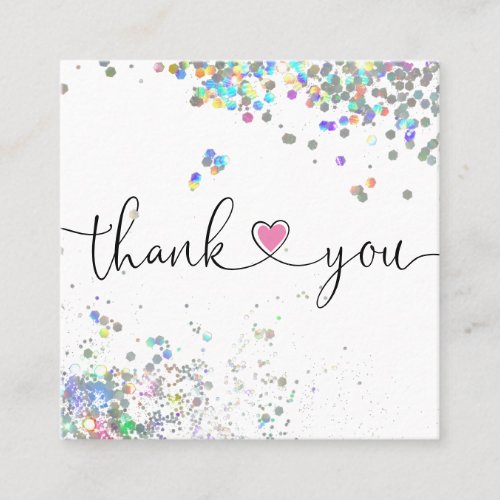 holographic script heart thank you for your order square business card