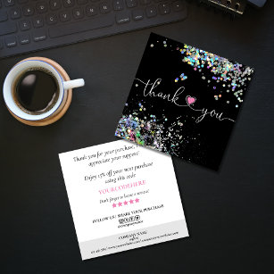 holographic script heart thank you for your order square business card
