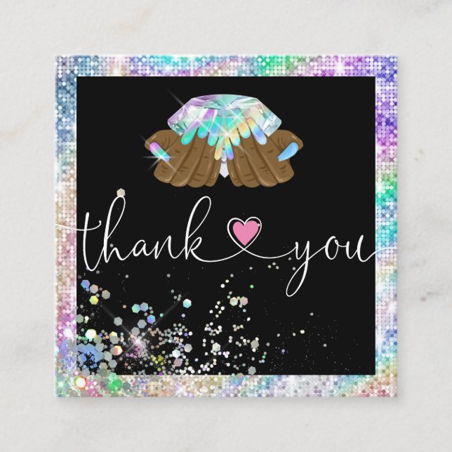 holographic script heart thank you for your order square business card (Front)