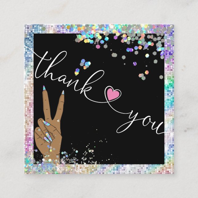 holographic script heart thank you for your order  square business card (Front)