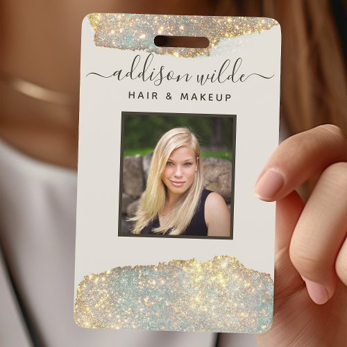 Holographic Signature Script Chic Glitter Salon ID Badge