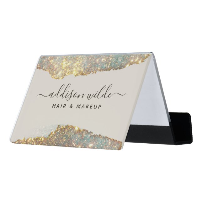Holographic Signature Script Modern Glam Glitter Desk Business Card Holder (Angled Back)
