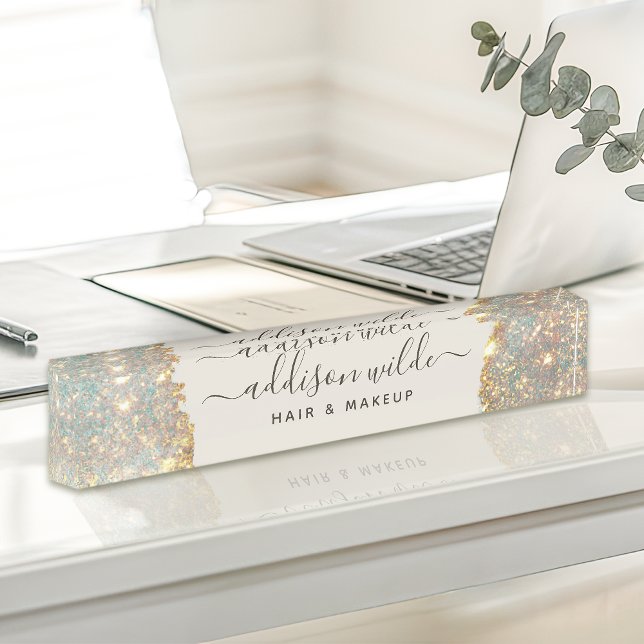 Holographic Signature Script Modern Glam Glitter Desk Name Plate (Creator Uploaded)