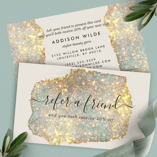 Holographic Signature Script Modern Glam Glitter Referral Card