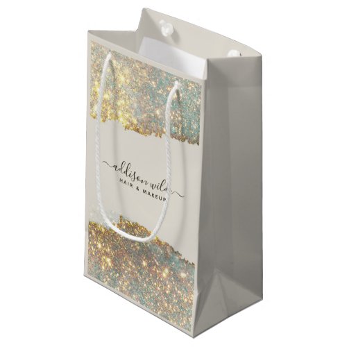 Custom Shopping Bags And Tags 6 Holographic Signature Script Modern Glam Glitter Small Gift Bag