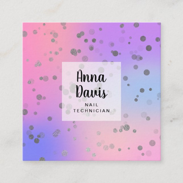 Holographic silver confetti dots nail technician square business card (Front)