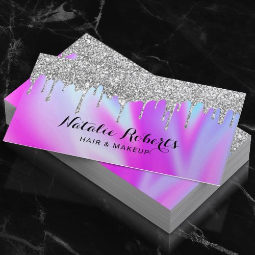Holographic Silver Drips Beauty Salon Pink Blue Business Card