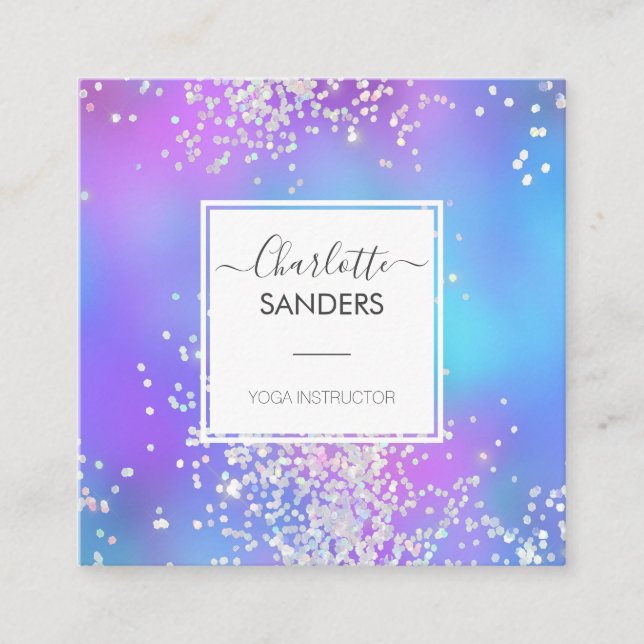 Holographic silver glitter confetti square business card (Front)