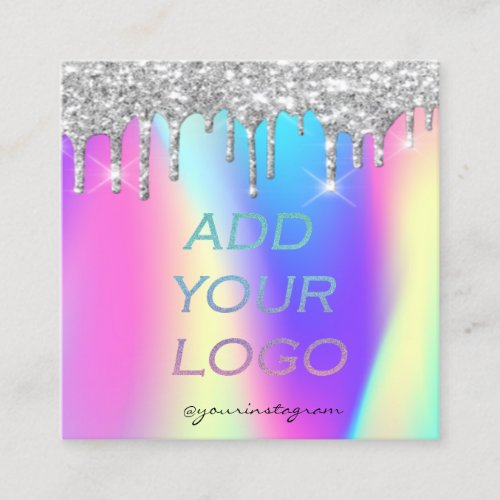 Holographic Silver Glitter Drips Add Your Logo Square Business Card