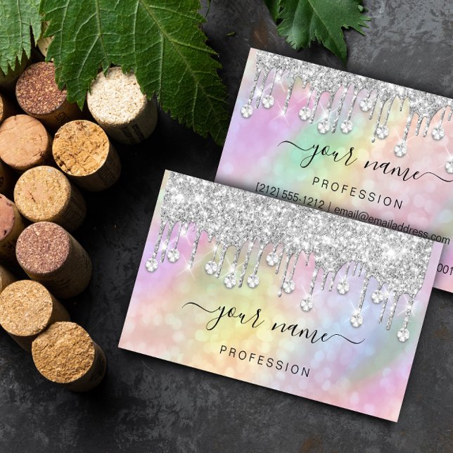 Holographic Silver Glitter Drips Makeup Artist Business Card (Holographic Silver Glitter Drips Makeup Artist Business Card)