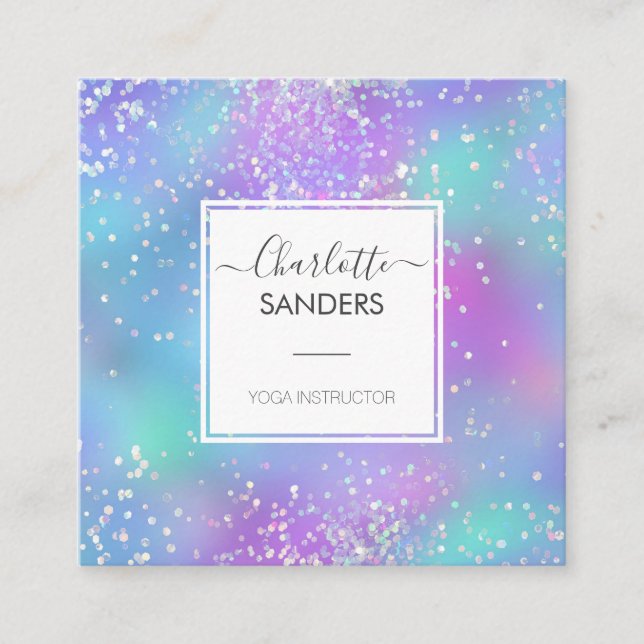 Holographic silver glitter galactic chic square business card (Front)