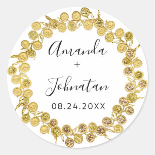 Holographic Simply Name Date Black Gold Wreath Classic Round Sticker