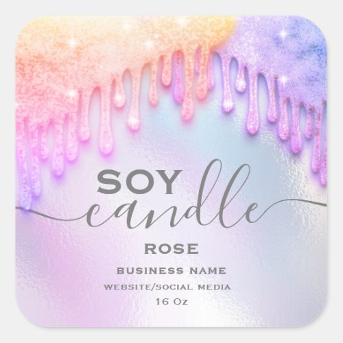 Holographic sparkle drips script soy candle label